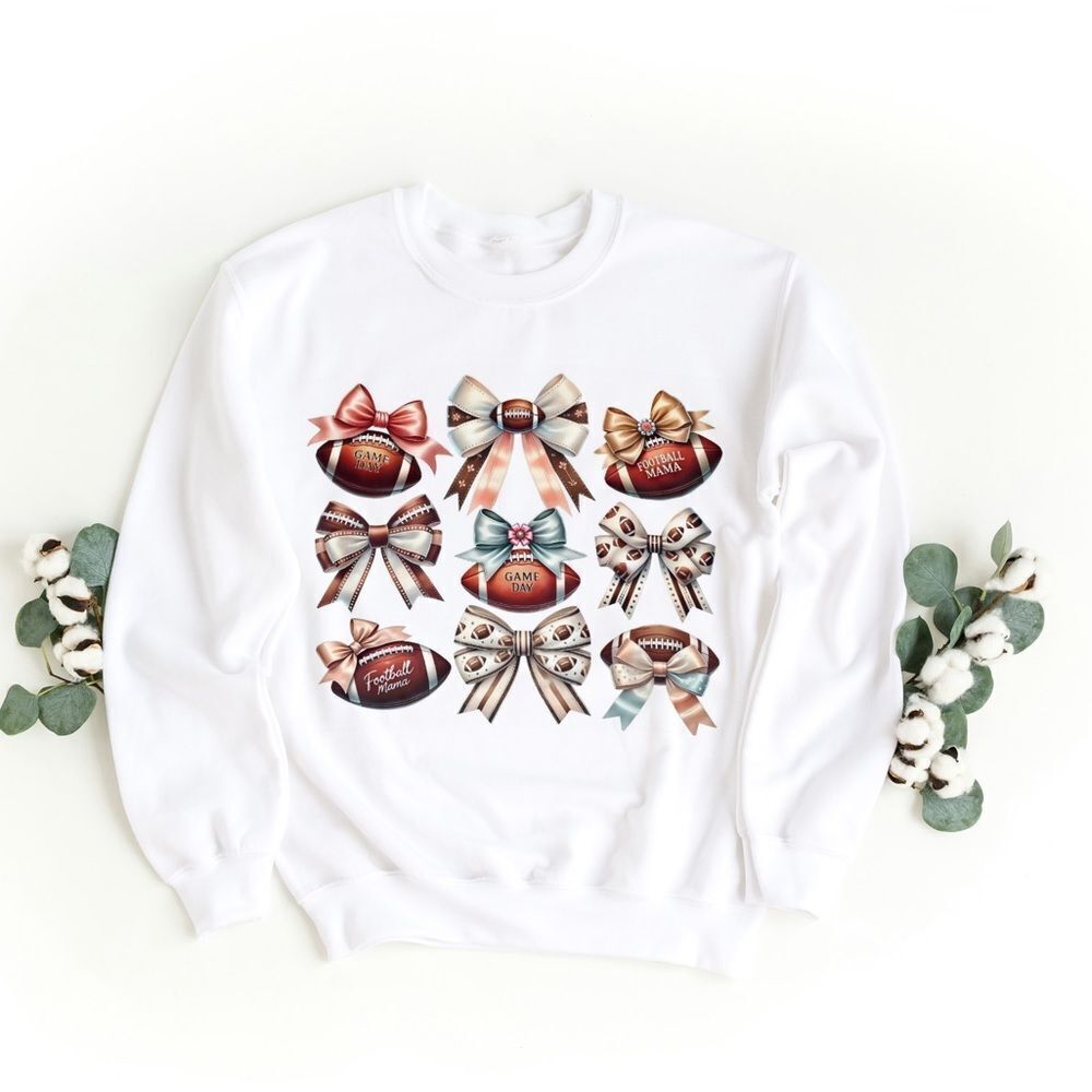 White Sweatshirt with Football and Bow Design